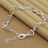925 Silver Heart Purple Crystal Zircon Bracelet Women's Party Jewelry