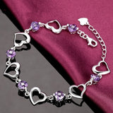925 Silver Purple Crystal Zircon Heart Bracelet for Woman