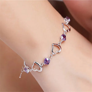 925 Silver Bracelet Purple Crystal Heart Zircon Woman Party Jewelry
