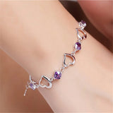 925 Silver Bracelet Purple Crystal Heart Zircon Woman Party Jewelry