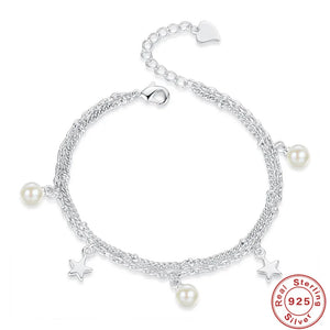 925 Silver Pentagram Pearl Bracelet Wedding Charm Jewelry