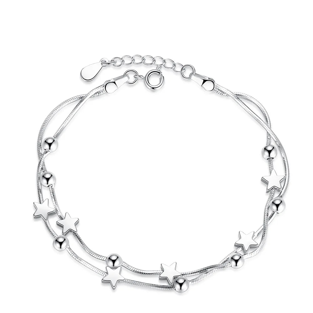 925 Silver Pentagram Square Bead Bracelet for Women