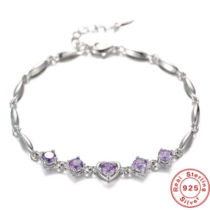 925 Silver Purple Crystal Zircon Lucky Bracelet Charm Jewelry Gift