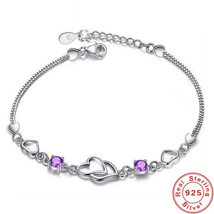 925 Silver Bracelet Purple Zircon Heart Bracelet Women's Jewelry