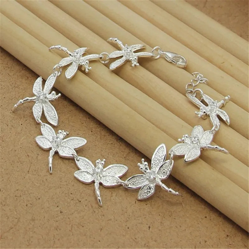 925 Silver Zircon Dragonfly Bracelet, 8 Inches
