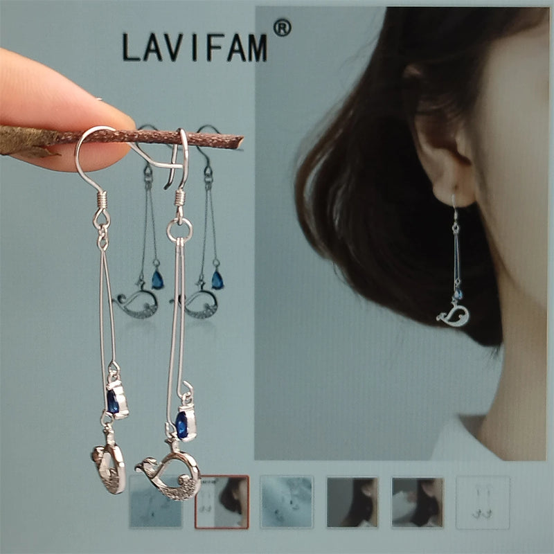 925 Silver CZ Hollow Whale Long Earrings Animal Jewelry