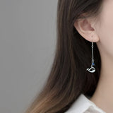 925 Silver CZ Hollow Whale Long Earrings Animal Jewelry