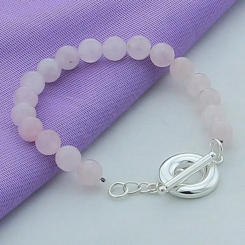 925 Silver Pink Pearl Charm Bracelet Women Wedding Christmas