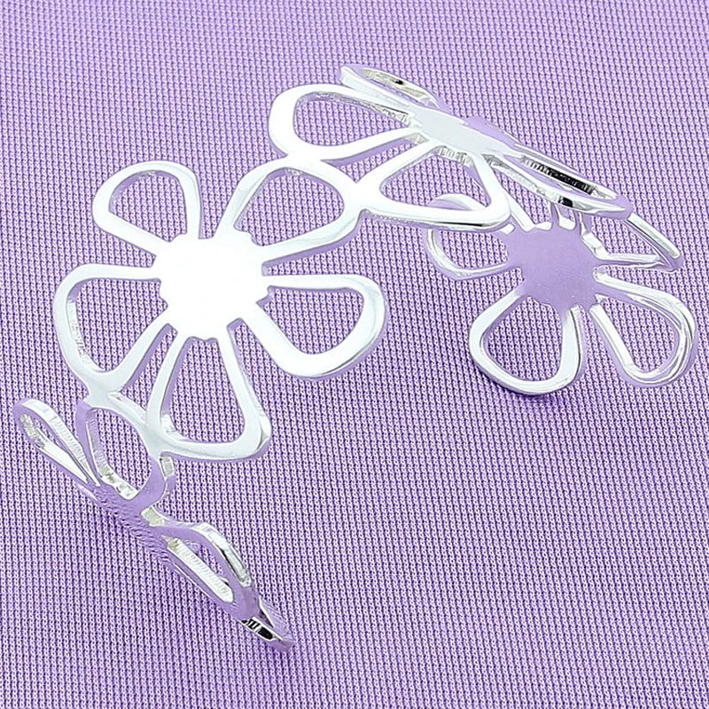 925 Silver Five Leaf Flower Big Open Bangle for Women