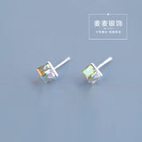 925 Silver Box Crystal Stud Earrings Minimalist Gift