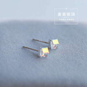 925 Silver Box Crystal Stud Earrings Minimalist Gift