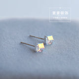 925 Silver Box Crystal Stud Earrings Minimalist Gift