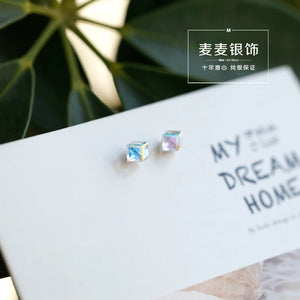 925 Silver Box Crystal Stud Earrings Minimalist Gift