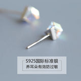 925 Silver Box Crystal Stud Earrings Minimalist Gift