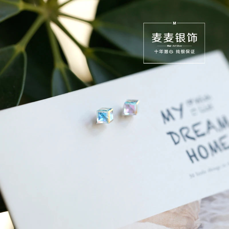 925 Silver Box Crystal Stud Earrings Minimalist Gift