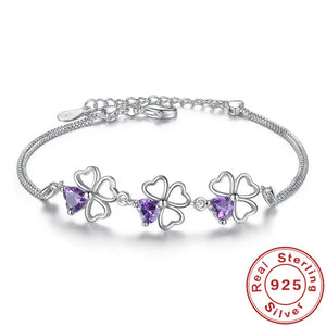 925 Silver Lucky Four Leaf Clover Bracelet Purple Crystal Chain Women Gift