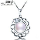 925 Silver Zircon Flower Pendant, Pearl Necklace