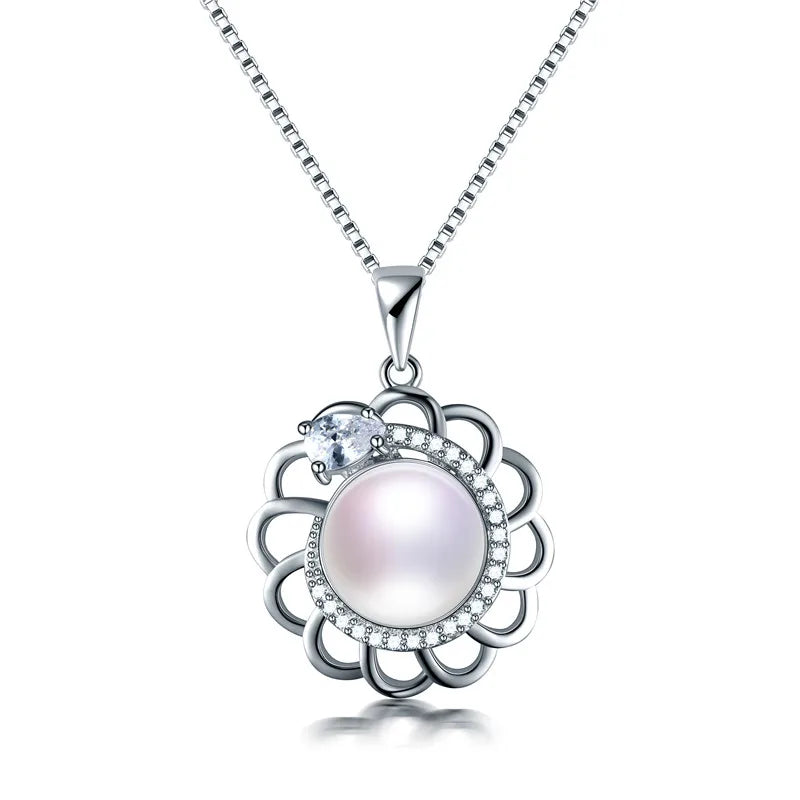 925 Silver Zircon Flower Pendant, Pearl Necklace