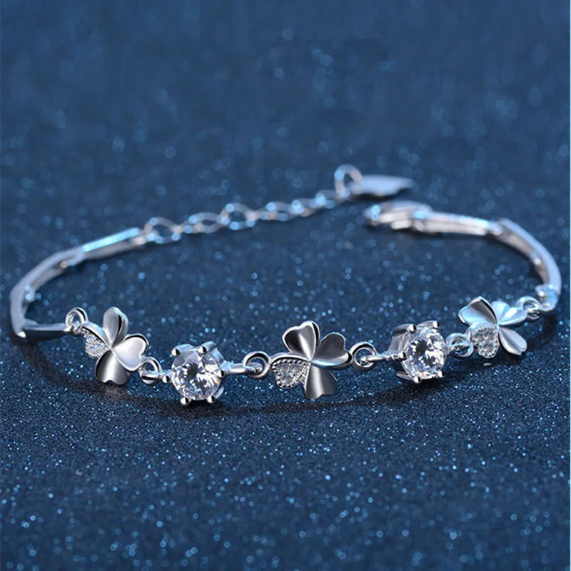 925 Silver Zircon Clover Bracelet Crystal Chain Women Val Gift Wedding