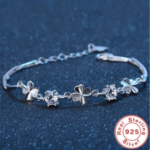 925 Silver Zircon Clover Bracelet Crystal Chain Women Valentines Engagement