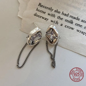 925s Oval Crystal Stud Earrings Chain Tassel Antique Silver Jewelry