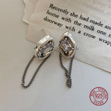 925s Oval Crystal Stud Earrings Chain Tassel Antique Silver Jewelry