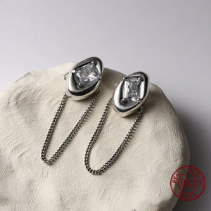 925s Oval Crystal Stud Earrings Chain Tassel Antique Silver Jewelry