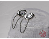 925s Oval Crystal Stud Earrings Chain Tassel Antique Silver Jewelry