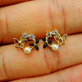 Yellow CZ & Pearl Butterfly Stud Earrings in 925 Sterling Silver