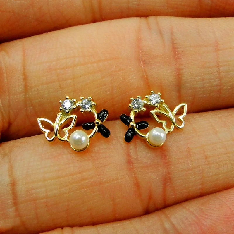 Yellow CZ & Pearl Butterfly Stud Earrings in 925 Sterling Silver