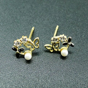 Yellow CZ & Pearl Butterfly Stud Earrings in 925 Sterling Silver