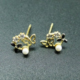 Yellow CZ & Pearl Butterfly Stud Earrings in 925 Sterling Silver