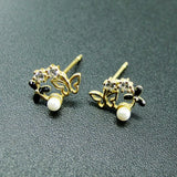 Yellow CZ & Pearl Butterfly Stud Earrings in 925 Sterling Silver