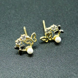 Yellow CZ & Pearl Butterfly Stud Earrings in 925 Sterling Silver