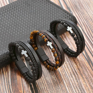 Braided Alloy Clasp Leather Bracelet Men Magnet Buckle Rivet Leather Bracelet