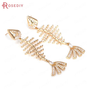 Champagne Brass Zircon Fish Bone Stud Earrings DIY Accessories