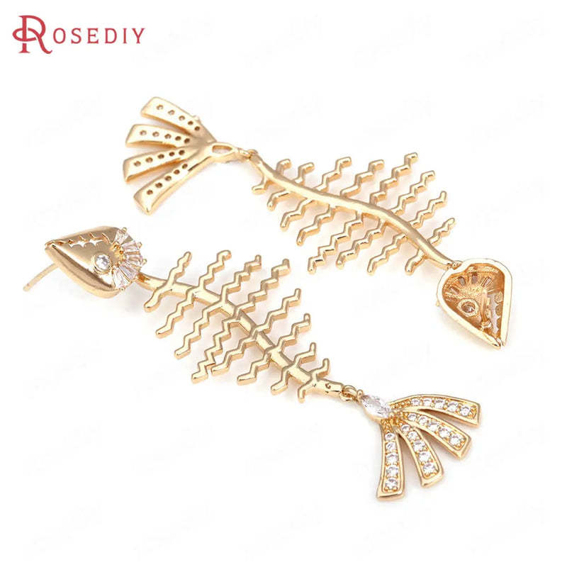 Champagne Brass Zircon Fish Bone Stud Earrings DIY Accessories