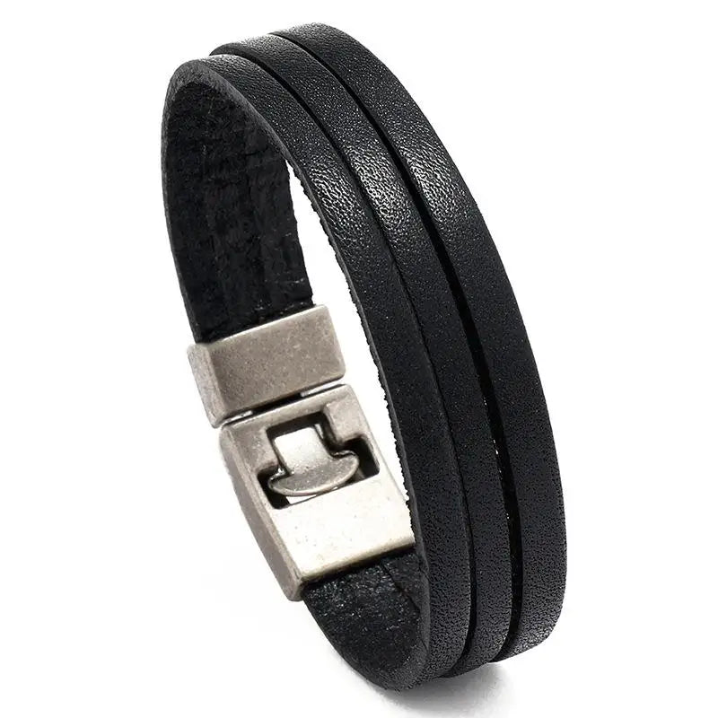Stainless Steel Leather Bracelet Men Multi-layer Leather Bracelet