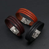 Stainless Steel Leather Bracelet Men Multi-layer Leather Bracelet