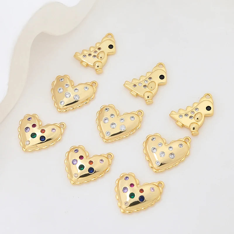 Copper Alloy Rhinestone Heart Dinosaur Necklace Charms 10pcs