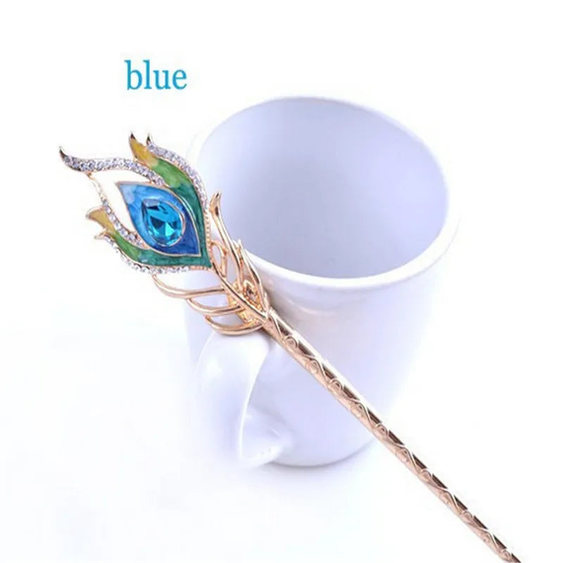 Crystal Peacock Feather Hairpin Enamel Hair Sticks