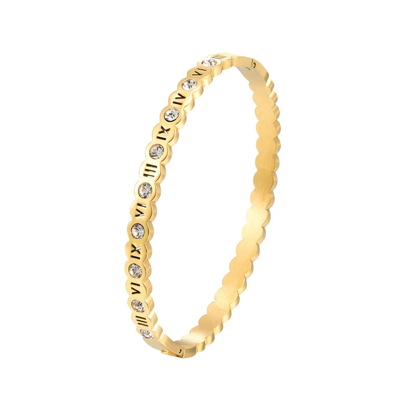 Crystal Round Roman Numerals Stainless Steel Bracelet Love Bangle