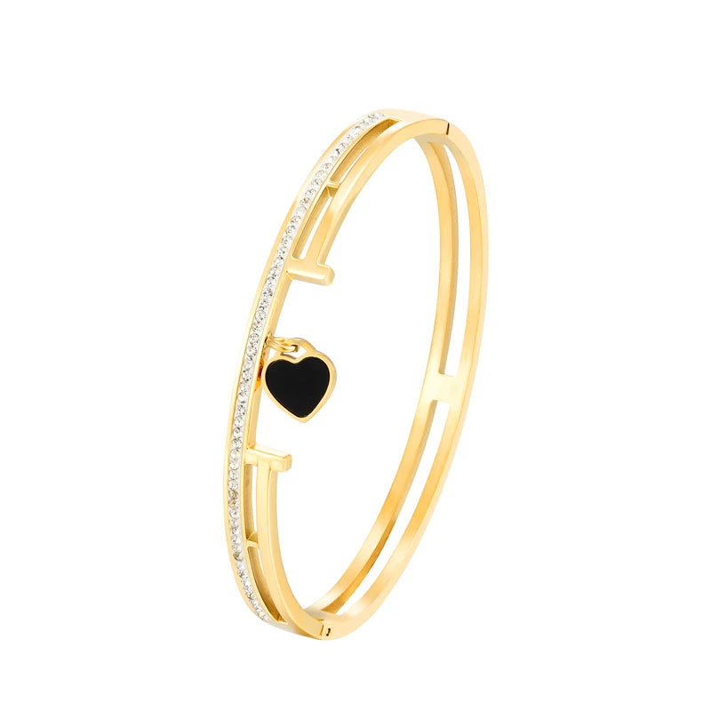Crystal T Heart Pendant Stainless Steel Bracelet Lady Love Bangle