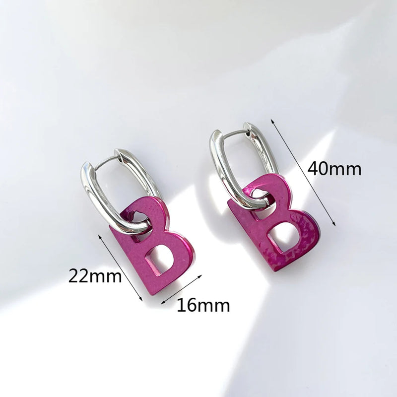 Dark Purple B Letter Pendant Earrings Titanium Steel Women Jewelry