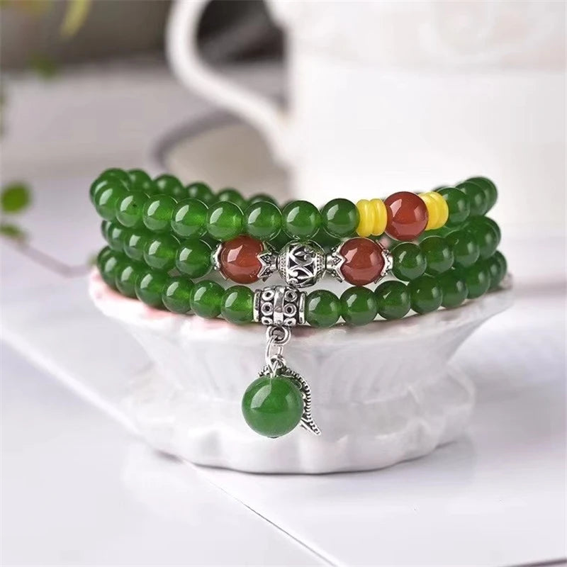 Multilayer Bracelet 6mm Taiwan Green Natural Stone Jades Chalcedony Round Beads