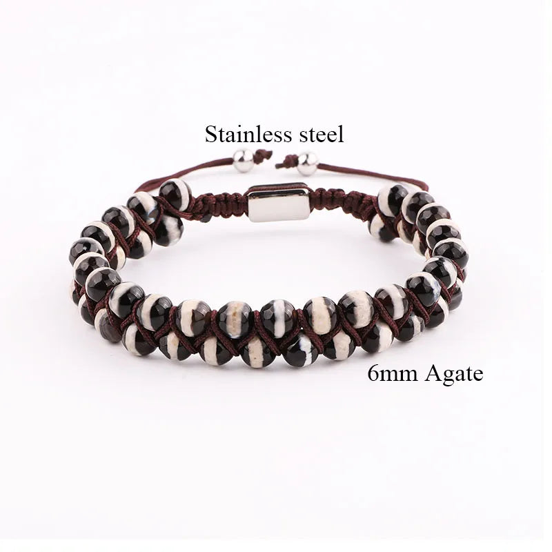 Double Layer 6mm Brown Stripe Agate Beads Macrame Bracelet