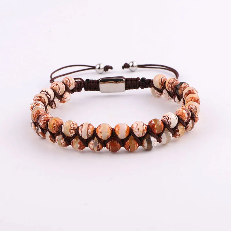 Double Layer 6mm Brown Stripe Agate Beads Macrame Bracelet