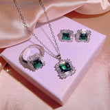Emerald Square Set 925 Stamps Diamond Pendant Ring