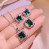 Emerald Square Set 925 Stamps Diamond Pendant Ring