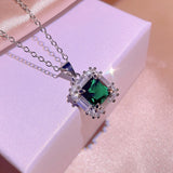 Emerald Square Set 925 Stamps Diamond Pendant Ring